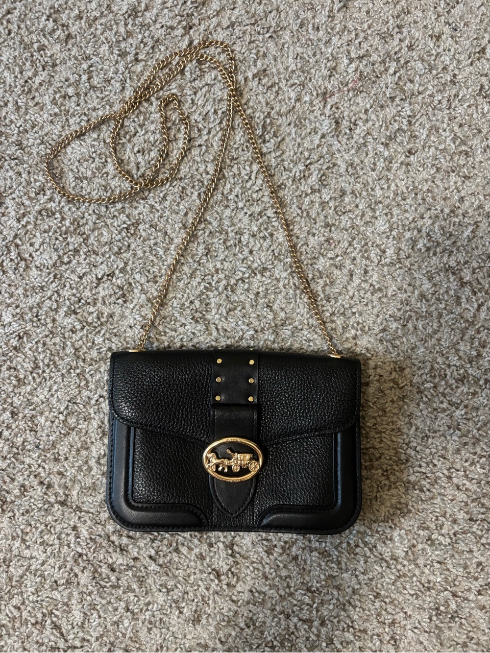 Coach Black Pebbled Leather Crossbody Bag with Gold Chain and Logo